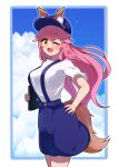  1girl ;d absurdres animal_ear_fluff animal_ears blue_hat blue_skirt blue_sky blush breasts brown_eyes clouds cloudy_sky commentary_request cowboy_shot day ears_through_headwear fang fate/extra fate_(series) flat_cap fox_ears fox_girl fox_tail hair_between_eyes hand_on_own_hip hat highres holding long_hair medium_breasts one_eye_closed pink_hair shirt short_sleeves skirt sky smile solo standing suspender_skirt suspenders tail tamamo_(fate) tamamo_no_mae_(fate/extra) very_long_hair white_shirt yuya090602 