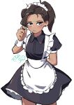  1girl alternate_costume animification apex_legends apron arm_behind_back black_dress brown_eyes brown_hair collared_dress commentary dark-skinned_female dark_skin dress earrings enmaided eyebrow_cut facial_mark forehead_mark frown hair_behind_ear holding holding_own_hair jewelry looking_at_viewer maid mole mole_above_mouth puffy_short_sleeves puffy_sleeves rampart_(apex_legends) short_sleeves simple_background solo suru_melon waist_apron white_apron white_background 