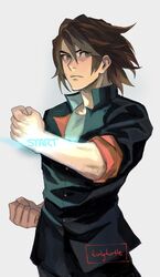  1boy arm_up artist_name black_jacket brown_eyes brown_hair clenched_hands english_text forearms gakuran glowing glowing_hand green_undershirt highres hijiyama_takatoshi jacket juusan_kihei_bouei_ken male_focus muscular school_uniform simple_background sleeves_rolled_up solo tirtyturtle white_background 