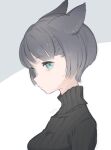  1girl animal_ears aqua_eyes black_hair black_sweater cat_ears cat_girl closed_mouth commentary_request grey_background kinutani_yutaka looking_at_viewer original short_hair solo sweater turtleneck turtleneck_sweater two-tone_background upper_body white_background 