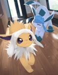  animal_ears animal_feet animal_focus blue_fur closed_eyes closed_mouth glaceon indoors jolteon nagasaki_wonderful open_door open_eyes pokemon pokemon_(creature) shaking standing tail towel two-tone_fur violet_eyes wet white_fur wooden_floor yellow_fur 