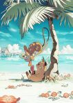  :d absurdres alolan_raichu beach blue_eyes blue_sky brown_eyes clouds cloudy_sky feyzichris floating flower happy hat hat_flower highres hot looking_at_another outdoors palm_tree pokemon raichu sitting sky smile sweatdrop tail tree water 