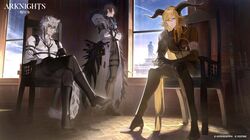  1girl 2boys amber_eyes animal_ears arknights armband bead_necklace beads black_hair blonde_hair boots chest_harness coat crossed_arms crossed_legs degenbrecher_(arknights) dokurabe glasses gnosis_(arknights) goat_ears goat_girl goat_horns harness high_heel_boots high_heels horns jewelry kjerag_logo long_hair looking_at_viewer looking_outside multiple_boys necklace necktie silverash_(arknights) silverash_(elite_ii)_(arknights) snow_leopard_boy snow_leopard_ears snow_leopard_tail suit uniform very_long_hair white_armband white_coat white_hair 
