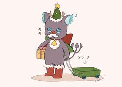  animal boots box cat christmas clothed_animal creature fake_facial_hair fake_mustache full_body gift gift_box grim_(twisted_wonderland) holding holding_gift no_humans pink_background simple_background twisted_wonderland usape0kyun wagon 