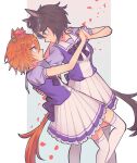  2girls absurdres animal_ears arm_around_neck black_hair black_tail blue_eyes bow bowtie crown dancing ear_ornament enaka_(user_kgsd3344) eye_contact falling_petals feet_out_of_frame frilled_skirt frills fuji_kiseki_(umamusume) hair_between_eyes hand_on_another&#039;s_back hand_on_another&#039;s_shoulder highres holding_hands horse_ears horse_girl horse_tail horseshoe_ornament interlocked_fingers looking_at_another mini_crown multicolored_hair multiple_girls orange_hair orange_tail parted_lips petals pleated_skirt puffy_short_sleeves puffy_sleeves purple_bow purple_bowtie purple_serafuku purple_shirt purple_skirt sailor_collar sailor_shirt school_uniform serafuku shirt short_hair short_sleeves skirt smile socks standing streaked_hair summer_uniform sweat t.m._opera_o_(umamusume) tail tango tracen_school_uniform umamusume violet_eyes white_hair white_skirt white_socks yuri zettai_ryouiki 