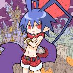  1boy antenna_hair blue_hair bracelet castle demon_boy disgaea fang hair_between_eyes highres jewelry laharl moon navel netherworld_(disgaea) nuudayo_nuudayo open_mouth pointy_ears red_eyes red_moon red_scarf red_shorts scarf shorts sky smile topless_male 