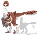  1girl black_eyes bright_pupils brown_feathers brown_hair claws closed_mouth commentary_request dinosaur_girl feathered_wings feathers full_body highres long_sleeves looking_at_viewer monster_girl original shirt short_hair silhouette simple_background solo standing tanaki_bouei taur translation_request white_background white_pupils white_shirt wings 