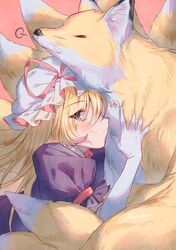  1girl absurdres blonde_hair closed_eyes closed_mouth commentary_request elbow_gloves fox gloves hat hat_ribbon heart highres kitsune kyuubi long_hair looking_at_viewer masanaga_(tsukasa) mob_cap multiple_tails pink_background pink_ribbon puff_of_air puffy_short_sleeves puffy_sleeves purple_shirt ribbon shirt short_sleeves split_mouth spoken_heart tail touhou violet_eyes white_gloves yakumo_ran yakumo_ran_(fox) yakumo_yukari 