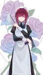 1girl alternate_costume apron black_dress collared_dress commentary_request dress duster floral_background gun highres holding holding_duster holding_gun holding_weapon honkai:_star_rail honkai_(series) ikenotori juliet_sleeves kafka_(honkai:_star_rail) long_sleeves looking_at_viewer maid maid_headdress puffy_sleeves purple_hair smile solo submachine_gun twitter_username violet_eyes weapon white_apron white_background 