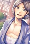  1boy bare_pectorals black_hair bright_pupils collarbone ishikawa_goemon_xiii japanese_clothes looking_at_viewer lupin_iii male_focus mochiko_(33color) open_mouth outdoors pectorals short_hair signature solo sunlight teeth upper_body white_pupils 