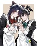  2boys alternate_costume animal_ear_fluff animal_ears apron aqua_bow aqua_bowtie bandaged_hand bandages black_dress black_hair blade_(honkai:_star_rail) blue_eyes blue_hair border bow bowtie brown_background cat_ears closed_mouth collared_dress commentary_request crossdressing dan_heng_(honkai:_star_rail) dark_blue_hair dress earrings enmaided expressionless fake_animal_ears frilled_apron frilled_cuffs frills frown gradient_hair hair_between_eyes hair_intakes hair_over_one_eye hand_up heart heart_hands heart_hands_duo highres honkai:_star_rail honkai_(series) jewelry juliet_sleeves long_hair long_sleeves maid maid_apron maid_headdress male_focus multicolored_hair multiple_boys name_tag one_eye_covered oryunbunkosu outside_border parted_bangs puffy_sleeves rabbit_ears red_eyes redhead short_hair shoshinsha_mark sidelocks simple_background sleeve_cuffs sweatdrop white_apron white_border wing_collar 