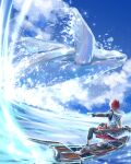  1boy absurdres adol_christin ake_miyamura black_shorts blue_sky clouds commentary_request highres male_focus outdoors redhead sheath sheathed shoes shorts sky solo splashing surfing sword water waves weapon whale ys ys_x_nordics 