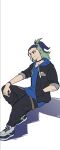  1boy adaman_(pokemon) adaman_(special_costume)_(pokemon) blue_hair blue_hoodie choker collarbone earrings eyebrow_cut full_body hand_in_pocket highres hood hoodie issui_(jahn_bistand) jacket jewelry male_focus official_alternate_costume open_clothes open_jacket pokemon pokemon_masters_ex solo 