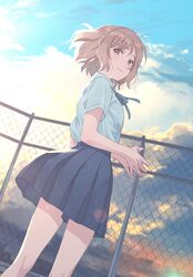  1girl absurdres blue_ribbon blue_skirt bob_cut brown_eyes chain-link_fence clouds cloudy_sky collared_shirt commentary dutch_angle feet_out_of_frame fence from_behind gradient_sky hechima_(issindotai) highres light_brown_hair light_smile looking_at_viewer looking_back loose_hair_strand miniskirt motokano_ga_tenkou_shitekite_kimazui_kogura_richi_no_wana_to_koi. neck_ribbon official_art outdoors pleated_skirt ribbon school_uniform shibuya_nairu shirt shirt_tucked_in short_hair short_sleeves sidelocks skirt sky solo standing steepled_fingers white_shirt 