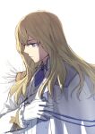  1boy ascot blonde_hair blue_ascot blue_eyes brooch cape closed_mouth fate/grand_order fate_(series) feathers frilled_sleeves frills from_side gloves gold_trim hair_between_eyes hand_on_own_chest hand_up jacket jewelry kirschtaria_wodime long_sleeves looking_down male_focus simple_background sketch sleeve_cuffs solo tsengyun upper_body white_background white_cape white_feathers white_gloves white_jacket 
