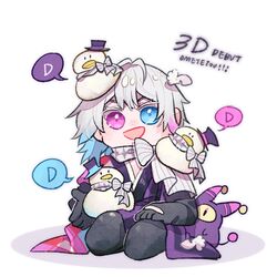  1boy argyle_clothes argyle_coat bird black_gloves blue_eyes blue_hair chibi coat colored_eyelashes congratulations creature creature_on_shoulder english_commentary english_text gavis_bettel gloves goose grey_hair hair_between_eyes hat heterochromia highres holding holostars holostars_english licwiz_1103 looking_at_viewer male_focus medium_hair multicolored_coat multicolored_hair on_shoulder open_mouth phantom_(gavis_bettel) pink_eyes pink_hair scarf seiza sitting smile solo top_hat virtual_youtuber white_background white_hair white_scarf 