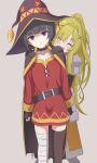  2girls ^_^ absurdres armor asymmetrical_legwear bandaged_leg bandages black_gloves black_hair blonde_hair brown_cape cape closed_eyes collarbone commentary_request contamination_(contami0813) cosplay darkness_(konosuba) darkness_(konosuba)_(cosplay) dress empty_eyes expressionless feet_out_of_frame fingerless_gloves gloves hands_on_another&#039;s_shoulders hat highres idolmaster idolmaster_cinderella_girls kono_subarashii_sekai_ni_shukufuku_wo! kurosaki_chitose looking_at_viewer megumin megumin_(cosplay) multiple_girls red_dress shirayuki_chiyo shoulder_armor simple_background violet_eyes witch_hat 