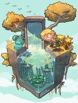 1boy ancient_set_(zelda) artist_name blonde_hair blush_stickers cross-section fish gladiator_sandals highres isometric link long_hair looking_down male_focus mxyx0321 rito sandals the_legend_of_zelda the_legend_of_zelda:_tears_of_the_kingdom treasure_chest tree underwater water waterfall 
