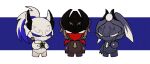 3boys armor arms_at_sides blue_eyes chibi chibi_only claws fate/grand_order fate_(series) full_armor full_body grey_hair hand_on_own_chest helmet mashugure minamoto_no_tametomo_(fate) multiple_boys multiple_persona no_pupils standing white_eyes 