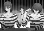  2boys absurdres bandaged_arm bandages book bungou_stray_dogs collarbone cuffs dazai_osamu_(bungou_stray_dogs) fyodor_dostoyevsky_(bungou_stray_dogs) handcuffs highres key lin_yan_(lof) monochrome multiple_boys prison_cell prison_clothes short_hair striped_clothes upper_body violet_eyes 