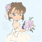  1girl blue_background bouquet bow brown_hair child dress earrings flower grey_eyes haibara_ai hair_between_eyes hair_flower hair_ornament holding holding_bouquet jewelry looking_at_viewer meitantei_conan pink_dress purple_flower smile solo translation_request ukata waist_bow 