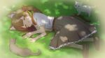  1girl absurdres animal animal_ears bad_id bad_pixiv_id belt brown_hair cat cat_ears cat_girl cat_tail center_frills closed_eyes dappled_sunlight frills grass highres indie_virtual_youtuber itigori_ena loafers long_hair lying on_side open_mouth shoes short_sleeves skirt sleeping solo sunlight tail twintails tyakomis virtual_youtuber 