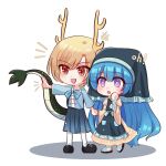  2girls absurdres antlers aqua_apron black_footwear blonde_hair blue_bow blue_hair blue_shirt blue_skirt bow bright_pupils chibi chinese_commentary commentary_request dragon_tail dress film_grain frilled_headwear haniyasushin_keiki head_scarf highres horns juliet_sleeves kicchou_yachie long_hair long_sleeves mary_janes mask_(boring_mask) medium_skirt multiple_girls open_mouth pleated_skirt pointing puffy_sleeves shirt shoes short_hair skirt sleeves_past_elbows smile socks swept_bangs tail touhou violet_eyes white_pupils white_socks wide_sleeves yellow_dress 