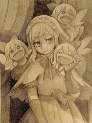  3girls absurdres alice_margatroid bow button_eyes buttons capelet curtains doll dress elbow_gloves english_commentary fairy_wings gloves hair_bow hairband highres holding holding_doll hourai_doll jitome lolita_hairband long_hair looking_at_doll looking_to_the_side medium_request monochrome multiple_girls neck_ribbon nezo open_mouth puffy_short_sleeves puffy_sleeves ribbon sepia shanghai short_hair short_sleeves sidelocks smile solo_focus touhou traditional_media wings 