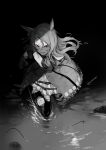  1girl absurdres akaya_shiki animal_ears black_background black_gloves bow dirty dirty_clothes dirty_face dress ear_bow ear_covers ear_ribbon gloves greyscale hair_between_eyes highres horse_ears horse_girl king_halo_(umamusume) long_hair looking_at_viewer monochrome pantyhose red_eyes ribbon short_sleeves single_ear_cover skirt solo thigh-highs torn_clothes torn_pantyhose umamusume water wiping wiping_face 