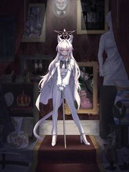  1girl 3ni3ni akira_(blue_archive) animal_ear_fluff animal_ears apron black_bow black_bowtie blue_archive bow bowtie cat_ears cat_tail closed_mouth coat coat_on_shoulders collared_shirt crown frilled_apron frills full_body gloves halo head_out_of_frame high_heels highres holding holding_mop hoshino_(blue_archive) hoshino_(young)_(blue_archive) jojo_no_kimyou_na_bouken long_hair long_sleeves looking_at_viewer maid maid_apron midori_(blue_archive) midori_(maid)_(blue_archive) momoi_(blue_archive) momoi_(maid)_(blue_archive) mop pants picture_frame pink_hair pink_halo red_eyes reisa_(blue_archive) seia_(blue_archive) shiroko_(blue_archive) shirt siblings sisters smile solo standing statue stone_mask_(jojo) tail twins white_apron white_coat white_footwear white_gloves white_pants white_shirt 