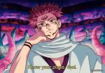  1boy artist_name clenched_hand closed_mouth derivative_work facial_tattoo hair_up hanavbara hand_on_own_cheek hand_on_own_face jujutsu_kaisen light_frown looking_at_viewer male_focus pink_eyes pink_hair purple_background robe ryoumen_sukuna_(jujutsu_kaisen) screenshot_redraw short_hair solo subtitled tattoo undercut white_robe 