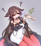  1girl ? ?? @_@ animal_ear_fluff animal_ears bare_shoulders black_dress blush breasts brown_hair collarbone commentary_request confused disembodied_hand dress full_body glowing glowing_weapon grey_background hair_between_eyes hashi2387 highres imaizumi_kagerou knife knife_in_mouth long_hair long_skirt long_sleeves medium_breasts multicolored_clothes multicolored_dress off-shoulder_dress off_shoulder paw_pose red_dress red_eyes simple_background sitting skirt solo sweatdrop tail touhou translation_request wariza weapon white_dress wolf_ears wolf_girl wolf_tail 
