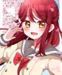  1girl :d blush bow braid breasts buttons cherry_blossoms commentary crown_braid double-breasted grey_sailor_collar hair_ornament hairclip long_hair long_sleeves looking_at_viewer love_live! love_live!_sunshine!! open_mouth red_bow redhead sailor_collar sakurauchi_riko sasanohasarasa school_uniform serafuku sleeve_cuffs smile solo uranohoshi_school_uniform yellow_eyes 