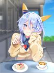  absurdres alternate_costume blue_eyes blue_hair blurry blurry_background blush cake casual closed_mouth commentary_request dating food fork fruit gakeumi hair_between_eyes hair_ornament highres horse_girl k.s.miracle_(umamusume) looking_at_viewer sky smile strawberry table tea umamusume 