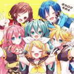  &gt;o&lt; 2boys 5girls :o black_shirt black_sleeves black_wristband blonde_hair blue_hair blue_nails blue_scarf bow brown_eyes brown_hair closed_eyes coat crop_top detached_sleeves grin hair_ornament hairclip hatsune_miku headset highres kagamine_len kagamine_rin kaho_0102 kaito_(vocaloid) light_blush long_hair long_sleeves megurine_luka meiko_(vocaloid) mouthpiece multiple_boys multiple_girls neckerchief necktie one_eye_closed open_mouth pink_hair red_nails red_shirt scarf shirt short_hair sleeveless smile takoluka twintails v vocaloid white_bow white_coat white_shirt wristband yellow_background yellow_neckerchief yellow_necktie 