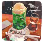  commentary_request cup drink drinking_glass food food_focus highres ice_cream ice_cream_float melon_soda momiji_mao napkin no_humans original plate spoon table 