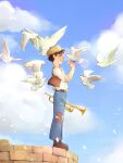  1boy ^_^ artist_name belt bird bird_on_hand blue_pants brown_hair closed_eyes clouds english_commentary full_body glint hat highres holding holding_instrument instrument light_particles male_focus pants pazu petals profile shirt sky smile solo tenkuu_no_shiro_laputa torumiku trumpet vest white_shirt 