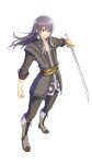  1boy black_jacket boots clenched_hand closed_mouth commentary_request full_body grey_eyes highres holding holding_sword holding_weapon jacket long_hair male_focus purple_hair simple_background smile solo standing sword tales_of_(series) tales_of_vesperia u66gy weapon white_background white_trim yuri_lowell 