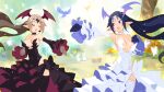  2girls bird black_dress black_hair breasts bug butterfly demon_girl detached_sleeves disgaea dress earrings frilled_dress frills gloves harada_takehito head_wings highres jewelry large_breasts long_hair makai_senki_disgaea_6 melodia_(disgaea) multiple_girls naive_(disgaea) non-web_source official_art open_mouth outdoors pointy_ears rabbit red_eyes squirrel white_dress wide_sleeves wings 