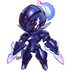  absurdres arm_blade armor artist_logo blue_fire ceruledge chibi colored_skin cwdw fiery_hair fire glowing glowing_eyes highres looking_at_viewer no_humans pink_eyes pokemon pokemon_(creature) purple_armor purple_helmet purple_skin simple_background solo sword weapon white_background 