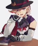  1boy bishounen black_gloves card genshin_impact gloves hat highres looking_at_viewer lyney_(genshin_impact) male_focus nekorin_chu open_mouth playing_card red_ribbon ribbon simple_background solo table top_hat violet_eyes white_background 