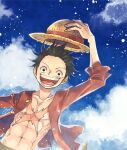  1boy abs aco_peda black_hair clouds commentary_request floating_hair hat holding holding_clothes holding_hat looking_at_viewer male_focus monkey_d._luffy one_piece open_clothes open_mouth open_shirt red_shirt sash scar scar_on_chest scar_on_face shirt short_hair signature sky solo straw_hat yellow_sash 