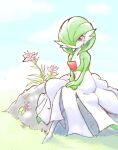  1girl blue_sky blush bob_cut clouds colored_skin commentary_request crossed_legs day flat_chest flower full_body gardevoir grass green_hair green_skin hair_over_one_eye highres looking_at_viewer multicolored_skin no_mouth nyanta_(phantmail8) on_rock one_eye_covered outdoors own_hands_together pink_flower pokemon pokemon_(creature) red_eyes short_hair sitting sky solo two-tone_skin v_arms white_skin 