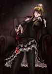  1girl aira_(qwedcxza49) bare_shoulders black_dress blonde_hair blood blood_drop blood_on_hands breasts chair crown dress elbow_gloves frills gem gloves hand_on_own_face highres hime_(kaibutsu_oujo) kaibutsu_oujo long_hair looking_at_viewer red_eyes red_gemstone sitting slit_pupils solo thigh-highs tiara 