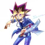  1boy black_choker black_hair black_shirt blonde_hair blue_jacket blue_pants bright_pupils card chain character_name choker collarbone cowboy_shot dated deck_of_cards duel_disk holding holding_card jacket jewelry male_focus medium_hair millennium_puzzle multicolored_hair muto_yugi pants pendant purple_hair shirt simple_background smile solo spiky_hair trading_card violet_eyes white_background yu-gi-oh! yu-gi-oh!_duel_monsters yy06370 