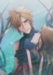  1boy 1girl aerith_gainsborough arm_around_shoulder black_gloves blonde_hair blue_eyes blue_shirt blush brown_hair carrying cloud_strife dress final_fantasy final_fantasy_vii final_fantasy_vii_rebirth final_fantasy_vii_remake gloves green_eyes hair_between_eyes hair_ribbon happy_tears highres lifestream long_hair looking_at_another open_mouth parted_bangs pink_dress pink_ribbon princess_carry red_eyes ribbon shirt short_hair single_bare_shoulder sleeveless sleeveless_turtleneck smile spiky_hair suspenders tears turtleneck upper_body wavy_hair yuu_crazy_doll_sae 