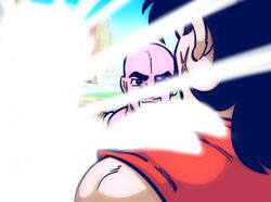  3boys akakichi_no_eleven akakichi_no_eleven_redraws armor bald black_eyes black_hair commentary cross_scar dougi dragon_ball dragon_ball_z english_commentary facial_hair glowing hand_on_another&#039;s_shoulder imminent_death jinjango male_focus mountain multiple_boys mustache nappa parody saibaiman scar scar_on_cheek scar_on_face scouter shoulder_armor smile yamcha 