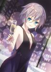  1girl black_dress blue_eyes breasts building champagne_flute collarbone cup date_a_live dress drinking_glass dutch_angle glasses grey_hair highres holding holding_cup honjou_nia indoors kuro_leika00x short_hair small_breasts solo table tablecloth 