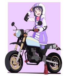  1girl :d brown_eyes cosplay elbow_pads gloves helmet highres honda_ape hood hoodie kayabakoro knee_pads motor_vehicle motorcycle motorcycle_helmet precure purple_hair scooter simple_background smile suzumura_sango toki_ayano toki_ayano_(cosplay) tropical-rouge!_precure yurucamp 