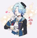 1boy :3 ^_^ ascot black_bow black_hat black_jacket blue_hair blue_vest blush bow brooch cake closed_eyes closed_mouth cm_(tenji1352) collared_shirt colored_eyelashes commentary_request cropped_torso eating flower food food_on_face fork gloves hair_bow hair_intakes hair_over_one_eye hair_over_shoulder half_gloves hand_up hat heart holding holding_fork holding_plate honkai:_star_rail honkai_(series) jacket jewelry korean_commentary lapels long_hair long_sleeves low_ponytail male_focus misha_(honkai:_star_rail) one_eye_covered open_clothes open_jacket parted_bangs petals plate ponytail shirt simple_background smile solo tilted_headwear upper_body utensil_in_mouth vest white_ascot white_background white_gloves white_shirt wide_sleeves yellow_flower 